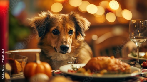A dog sits at a table with a plate of food, including a roasted bird, and wine glasses.