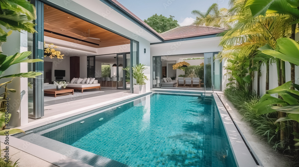 Interior and exterior design of luxury pool villa