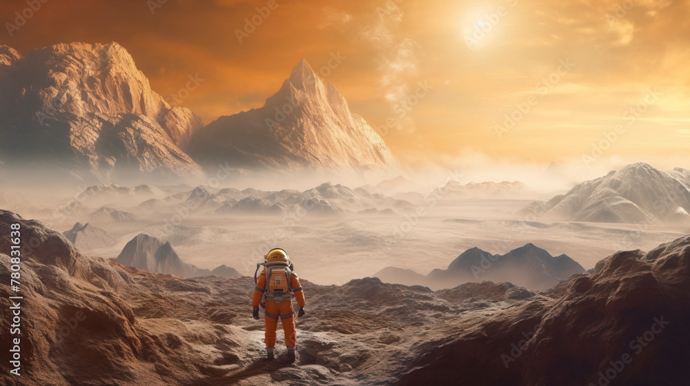 A spaceman walking through a misty distant planet. surreal mystical fantasy artwork