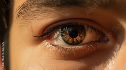 Intense focus captured in the macro shot of a brown-eyed man's gaze, revealing intricate details of his eyelashes and iris with remarkable clarity