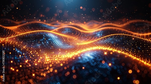 Abstract background with dark blue and orange colors, glowing dots connected lines forming an abstract network pattern. The scene is set against the backdrop of a cyberspace concept