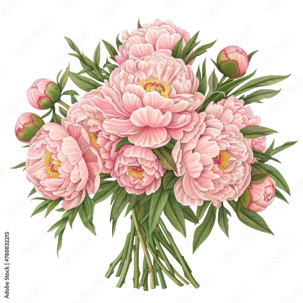 Pink peonies with green leaves on transparent background, an artful flower arrangement
