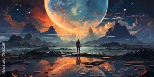 Traveler walks on a rock that floats in the sky, digital art style, illustration painting photo