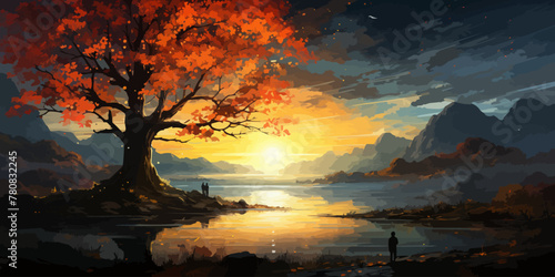 travel man taking a photo at the tree with glowing leaves floating in the sky, digital art style, illustration painting