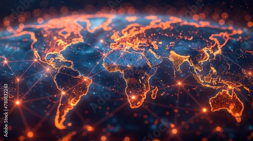 Abstract digital world map with global network connections and data transfer, blue background with orange lights, concept of international business or internet technology on dark night sky