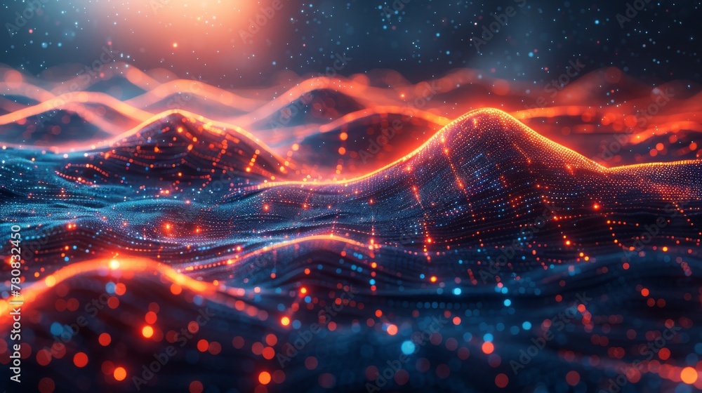 Abstract technology background with glowing network connection and polygonal wireframe lines in dark blue, orange and black colors. Digital futuristic wallpaper for business concept