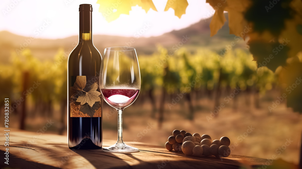 Illustration of wine bottle and glass of wine in vineyard
