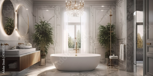 Beautiful Luxurious bathroom with a freestanding tub and marble accents