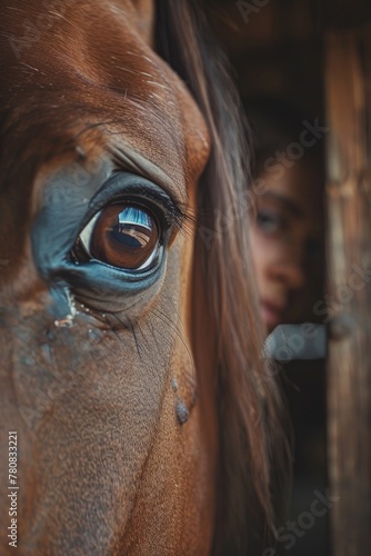 Close up of a horse s eye with a woman in the background. Great for equestrian or farm-related designs