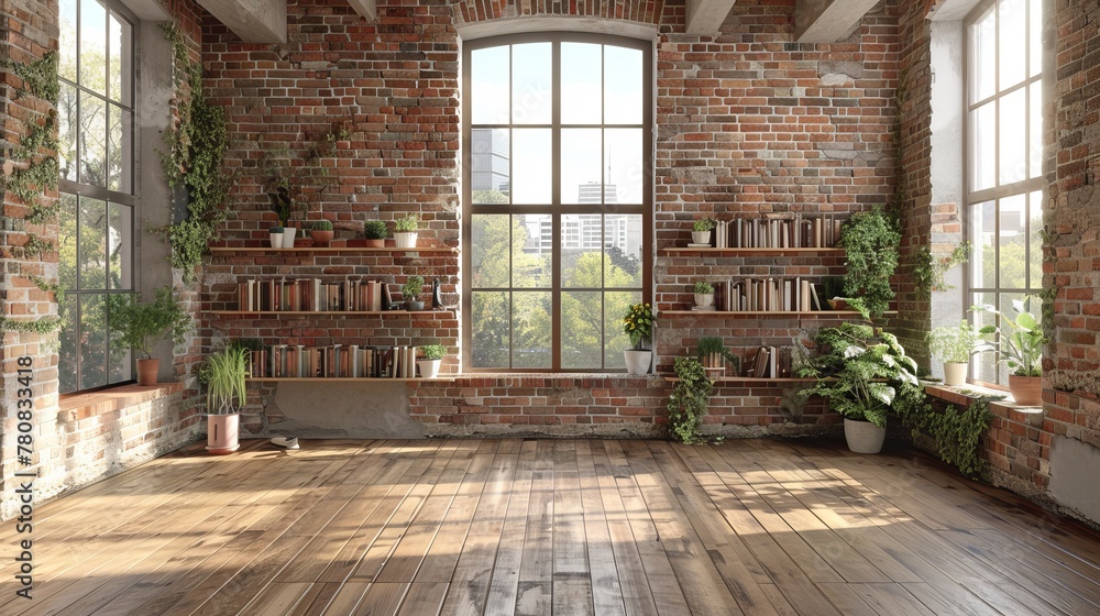 Rendered depiction of a vintage room with small bookshelves and a brick wall, offering an empty space for customization.