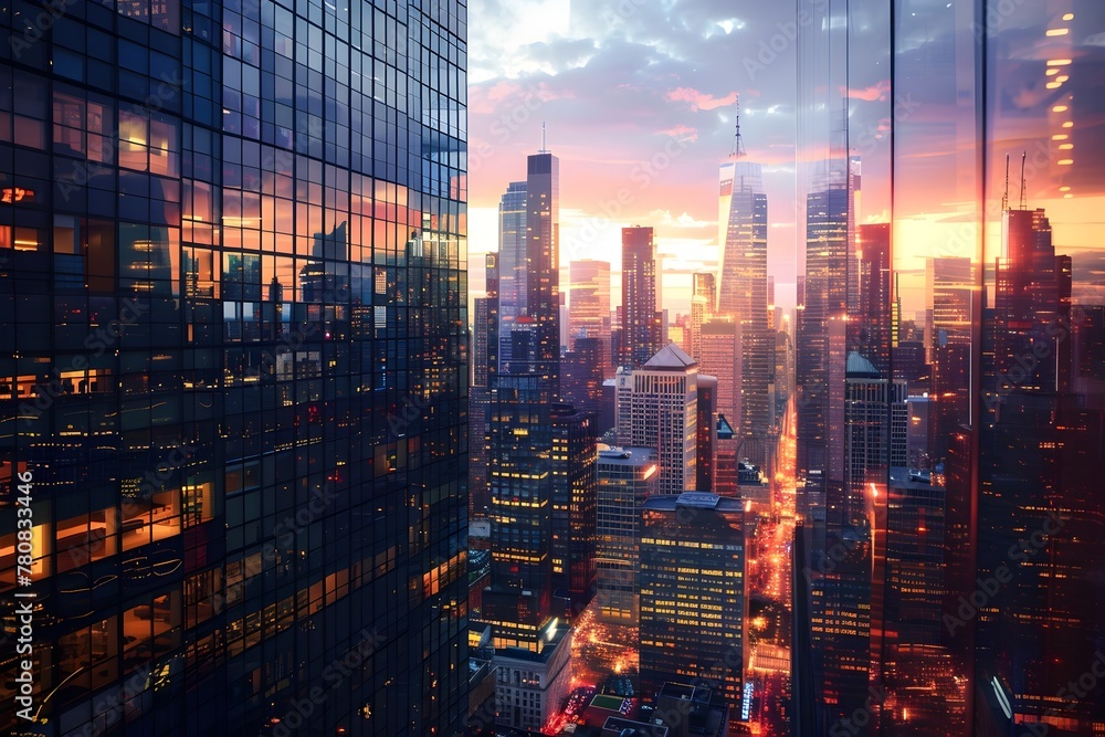 Captivating Panoramic View of a Bustling Metropolitan Skyline at Dusk with Vibrant Reflections and Glowing Lights