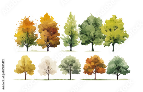 Vector set of autumn trees, Vector of green grass or shrub isolated on white background,tree elevation for landscape concept,environment panorama scene,eco design,watercolor meadow