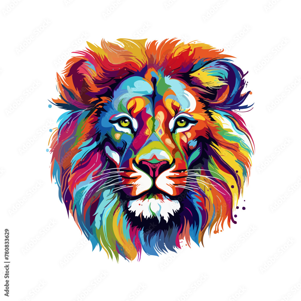 Vector drawing of a colorful lion head on a white background.