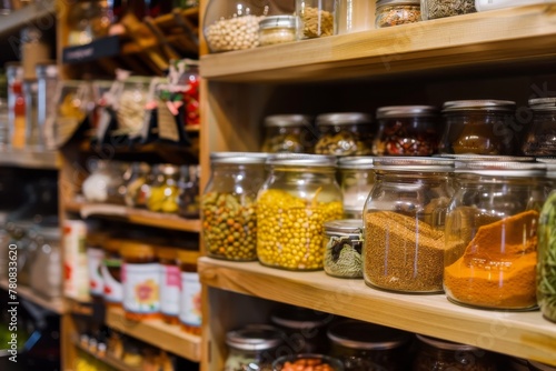 Rustic Pantry Shelves with Spices and Grains in Glass Jars photo