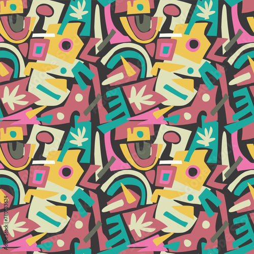 Seamless pattern with abstract geometric elements forms. Texture and line. Pink, vilet, gray-greencolor. For the design of fabric, wrapping paper, wallpaper.