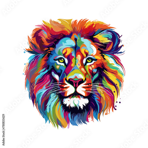 Vector drawing of a colorful lion head on a white background.