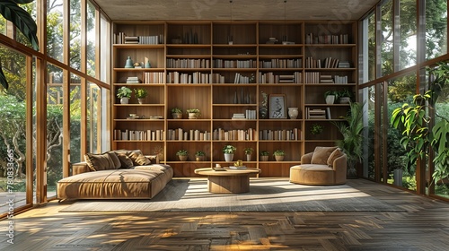 Rendered interior scene featuring a wooden wall bookcase against an empty backdrop, providing a customizable space for design purposes. photo