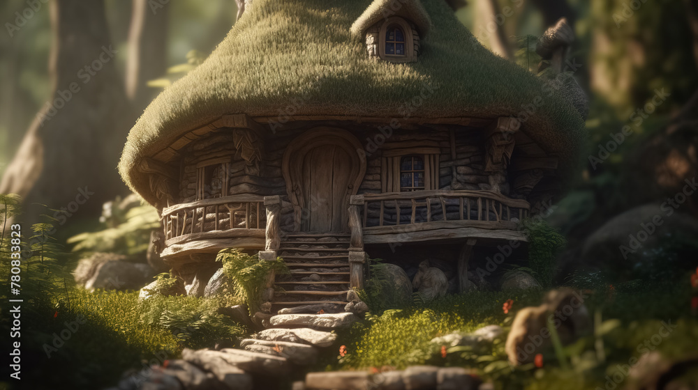 Fantasy home of tiny wood dweller, macro view of fairy tale hut