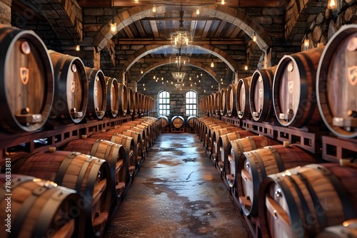 Rustic Winery Cellar with Rows of Wooden Wine Barrels and Casks for Alcohol Fermentation and Aging Process