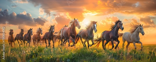 Herd of Majestic Horses Galloping Across a Stunning Sunset Lit Pasture photo