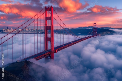 Majestic Golden Gate Bridge Enveloped in San Francisco s Iconic Fog at Captivating Sunrise