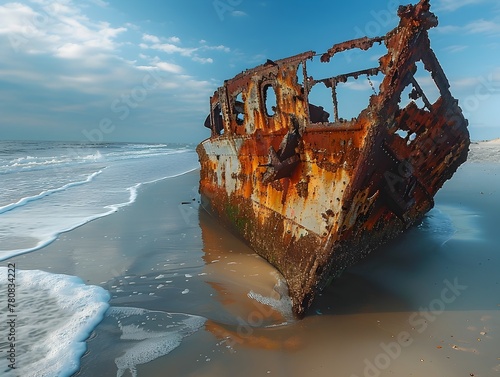 Haunting Beauty of a Rusting Shipwreck Resting on a Desolate Beach Waves Gently Lapping at Its Weathered Hull