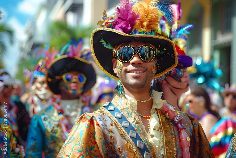 Vibrant and Festive Mardi Gras Parade with Costumed Performers Lively Music and Joyous on the Streets