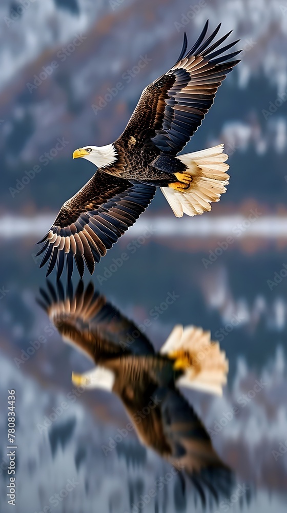 Fototapeta premium Majestic Bald Eagle Soaring Over Pristine Lake with Mirrored Reflection in Vibrant Hyper Scene