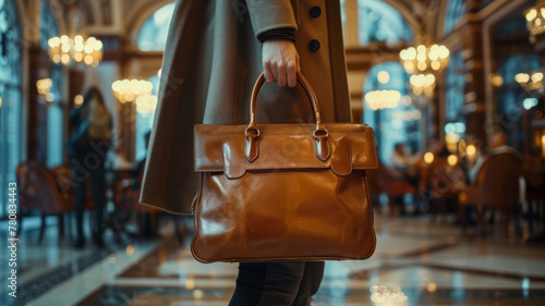 Woman holding a leather bag in a posh setting.
