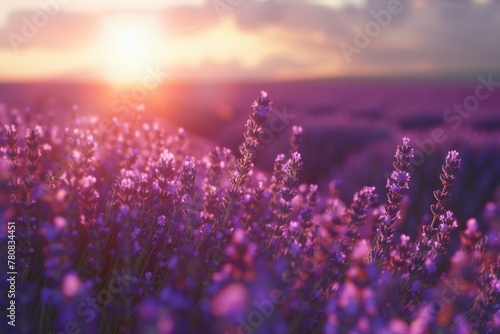 A beautiful field of purple flowers with the sun setting in the background. Ideal for nature and landscape concepts