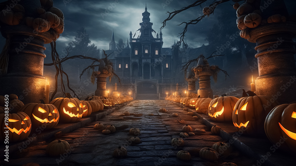 Jack O Lanterns pumpkins and candles glowing at spooky mysterious castle