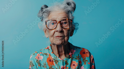 Funny funky grandmother portraits. Senior old woman on pastel blue background photo