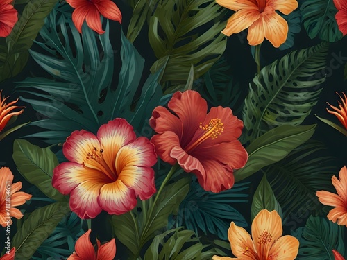 A seamless, tropical floral pattern with oversized, exotic flowers and lush greenery, generative AI