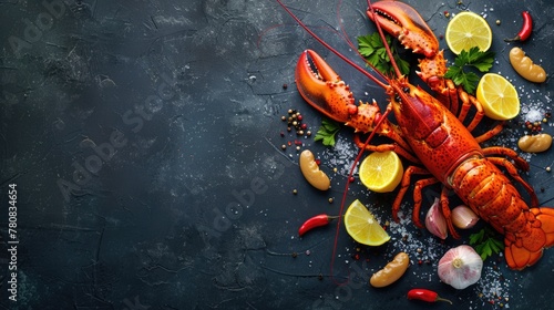 Fresh lobster with lemons, garlic, and herbs on a black surface. Perfect for seafood lovers or restaurant menus