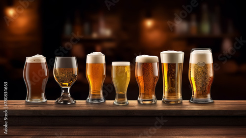 Glasses of beer on a table in bar background