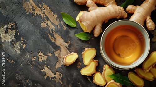 tea of ginger root background, copy space photo