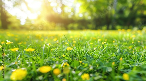 a sunlit meadow with vibrant green grass and yellow flowers.