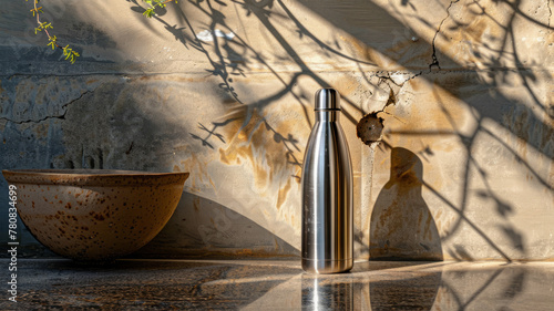 Stainless steel water bottle with shadows.