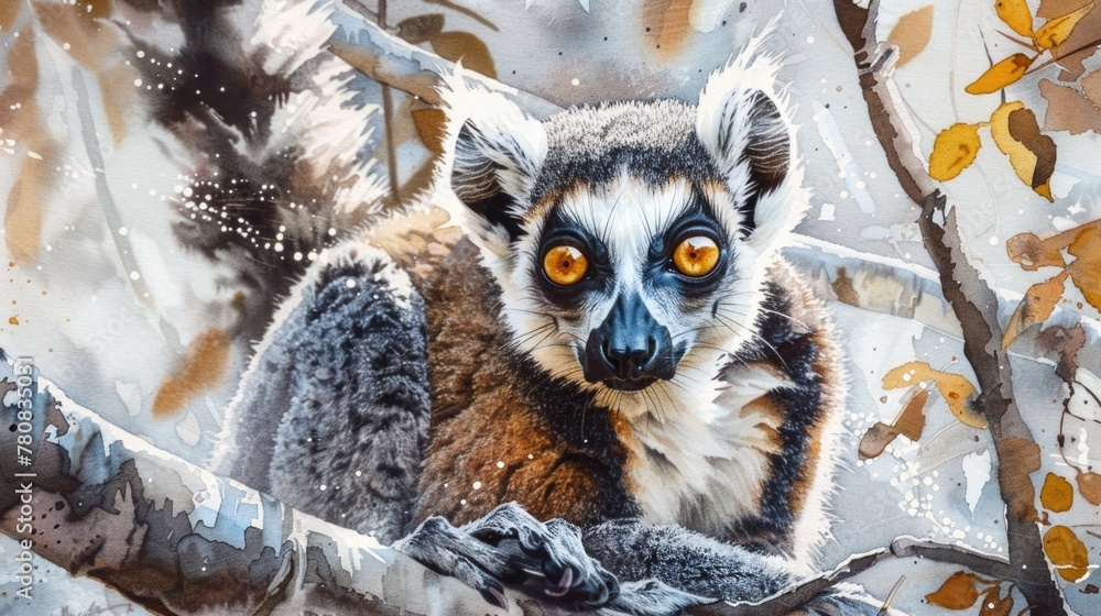 Naklejka premium A beautiful watercolor painting of a lemur sitting in a tree. Perfect for nature lovers and wildlife enthusiasts