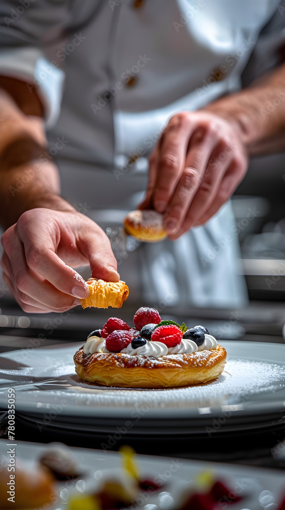 Skilled Pastry Chef Meticulously Decorates Delicate Gourmet Tart in Bright French Patisserie Setting