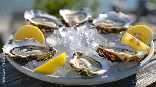 Freshly Shucked Oysters Platter on Ice with Lemon Wedges at a Seaside Shack photo