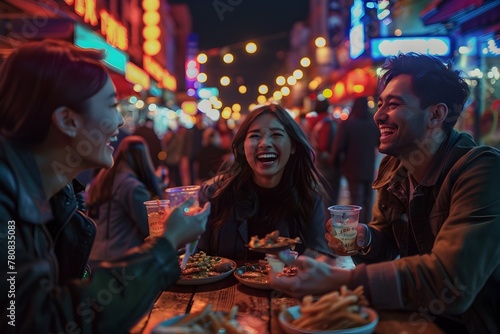 Friends Laughing Over Street Food in a Bustling City Night Market