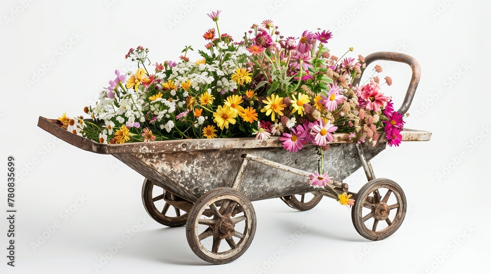 Wheelbarrow filled with flowers captured in a studio setting, isolated against a white background.