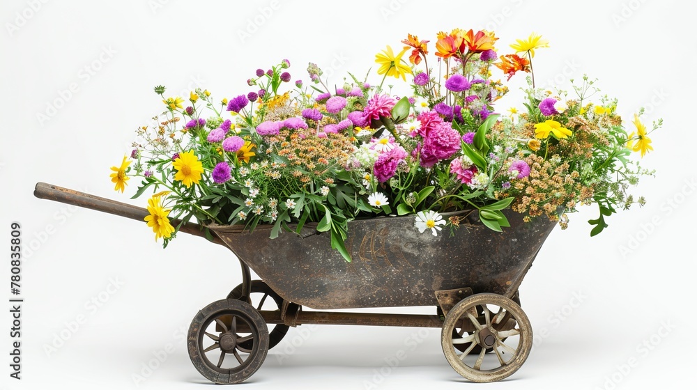 Wheelbarrow filled with flowers captured in a studio setting, isolated against a white background.