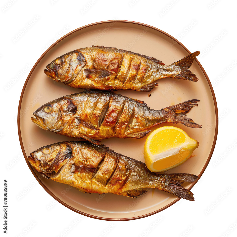 Three tinapa fish on a plate with Meyer lemon slice on a transparent background Three tinapa fish on a plate with Meyer lemon slice on a transparent background