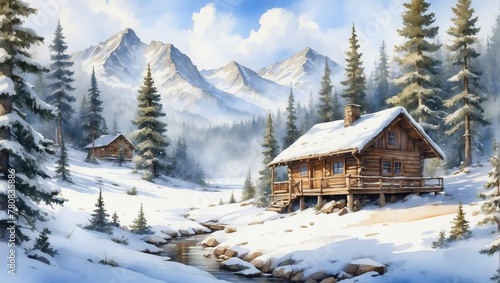 Watercolor scene capturing the beauty of a snowy winter landscape, with pine trees laden with snow and a cozy cabin nestled in the woods.