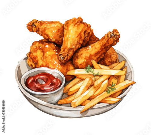 Watercolor Watercolor Fried Chicken with fried fries clipart for graphic resources