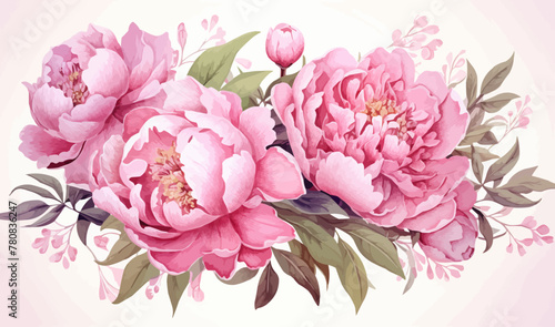Watercolor pink peony large beautiful flowers print poster vector illustration wedding engagement