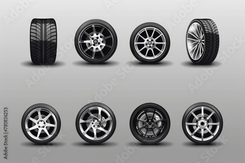 A collection of four different types of tires. Suitable for automotive industry promotions