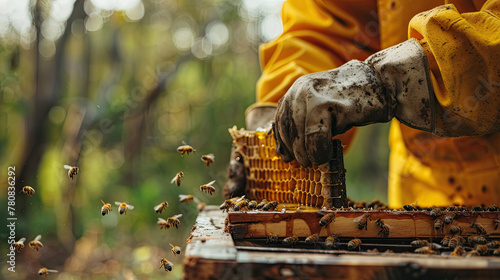 The beekeeper pulls out a frame with honey from the beehive